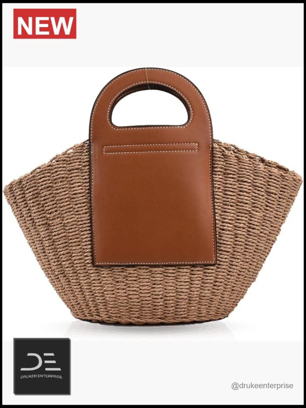 Handmade Straw Beach Tote Bag with Leather Handles, Large Capacity Travel Bag